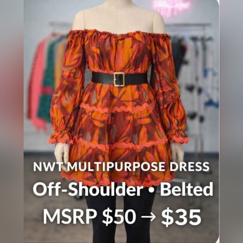 Off-Shoulder Belted Dress in Red and Orange